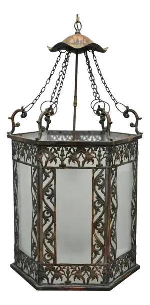 Early 20th Century Art Nouveau Slag Glass Hexagonal Gilt Metal Pendant Light Chandelier Fixture