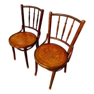 Pair Antique J & J Kohn Mundus Model 337 Bentwood Cafe Chairs Iris Marquetry Seats For Sale