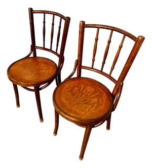 Pair Antique J & J Kohn Mundus Model 337 Bentwood Cafe Chairs Iris Marquetry Seats