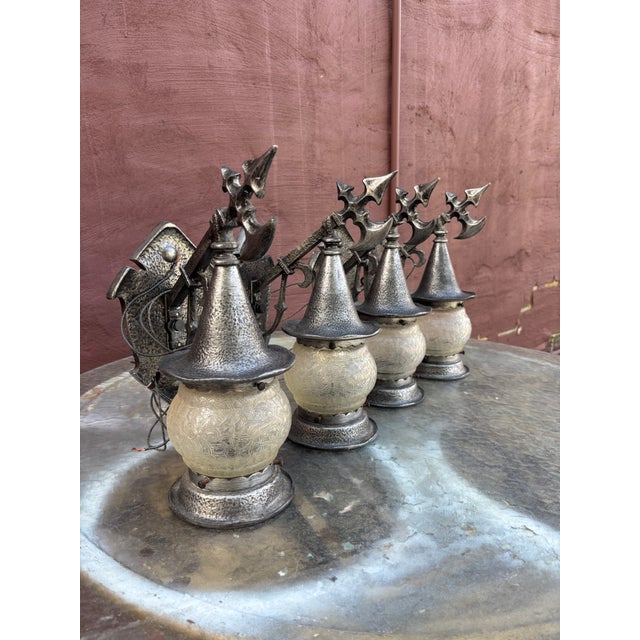 Metal Construction Outdoor Wall Lanterns in a Mid-Evil Gothic Style . Shield & Ax .