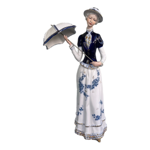 Vintage KPM-Style Blue/White Porcelain Lady Figurine With Parasol – 13”
