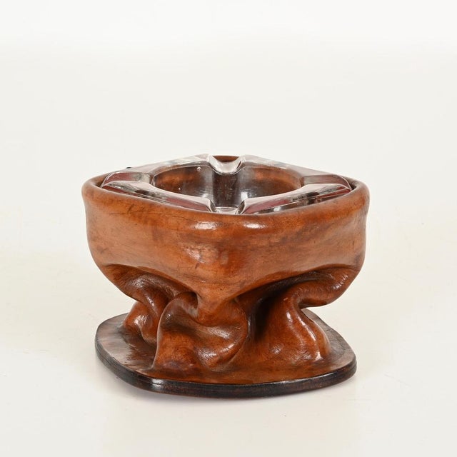 Bent Leather and Crystal Ashtray by Jacques Adnet, Italy, 1950s For Sale - Image 9 of 12