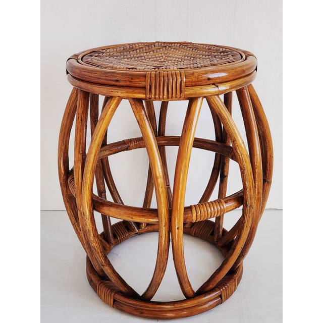 Boho Chic Vintage Bamboo & Rattan Drum Stool For Sale - Image 3 of 11