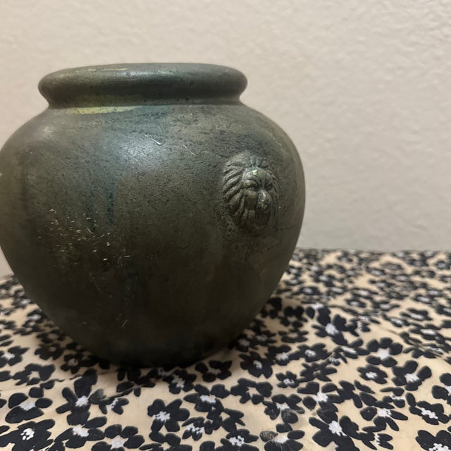 Antique Bronze-Inspired Ceramic Vase – Weathered Patina Vase With Lion Crest For Sale - Image 4 of 10