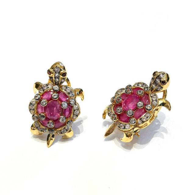 Bochic "Orient" Vintage Ruby & White Topaz Turtle Earrings Set 18K Gold & Silver, A Pair For Sale - Image 4 of 18