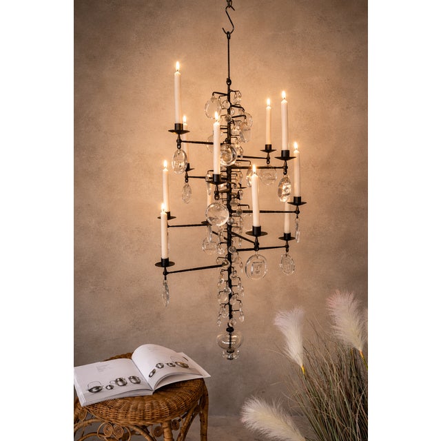 Large Vintage Candle Chandelier in Mouth-Blown Glass and Wrought Iron by Erik Höglund for Boda Smide, 1960s For Sale - Image 7 of 18