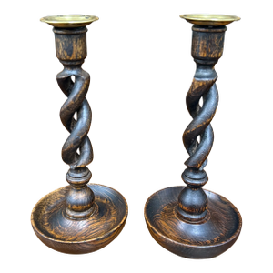 Antique English Open Barley Twist Candlesticks Candle Holders Oak Pair 10.5"