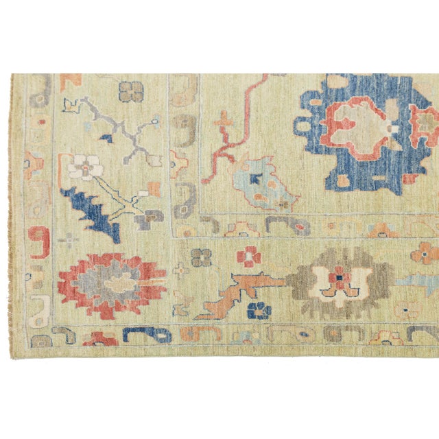 Modern Oushak Style Hand-Knotted Wool Area Rug – Sage Green & Multi 12x16 For Sale In New York - Image 6 of 11