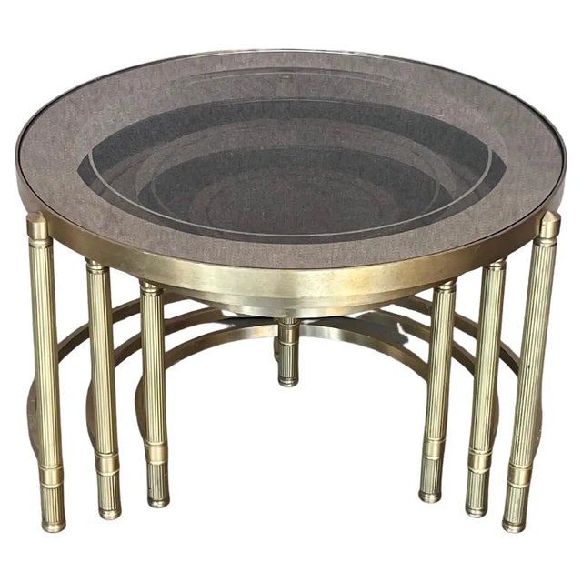 Set of Three Round Brass Nesting Tables With Smoked Pink Glass Tops For Sale - Image 12 of 12