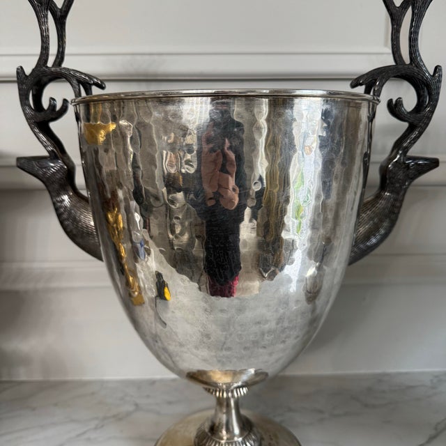 Modern Pair of Hammered Metal Trophy Shaped Champagne Ice Bucket Wine Chiller Stag Head Handles 14"x13" & 13.75"x13" For Sale - Image 3 of 12