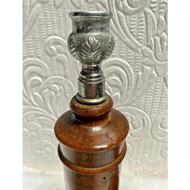 Antique 1890's Oak English Candlesticks Silver Leaf Tops- a Pair For Sale - Image 6 of 11