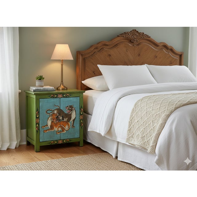 Lime Tibetan Style Lime Green Blue Two Tigers End Table Nightstand For Sale - Image 8 of 12