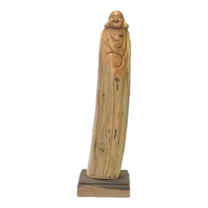 13.25" Chinese Cypress Wood Carved Irregular Shape Happy Buddha Statue