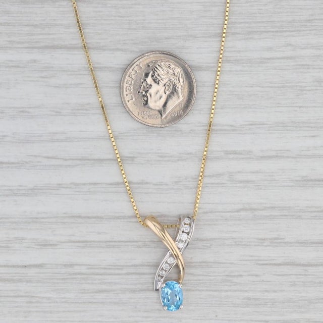 2010s 1.01ctw Blue Topaz Diamond Pendant Necklace 14k Yellow White Gold 20" Box Chain For Sale - Image 5 of 6