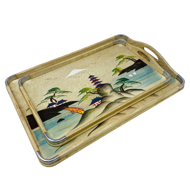 Vintage Hand Painted Serving Trays Natural Wood (made with flush mounted screws) Asian Landscape with Rounded Metal...