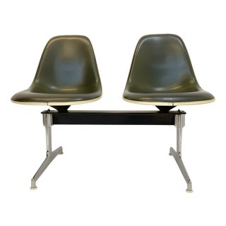 Tandem Bench in Fiberglas with Naugahyde Leather Seat by Charles & Ray Eames for Herman Miller, 1960s For Sale