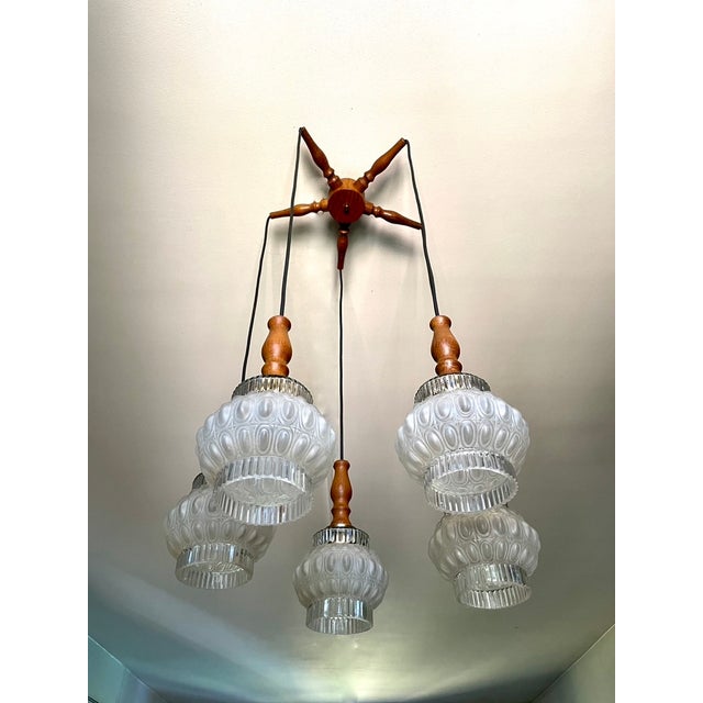 Five-Light Cascading Chandelier in Wood and Brushed Glass, 1960 For Sale - Image 13 of 17
