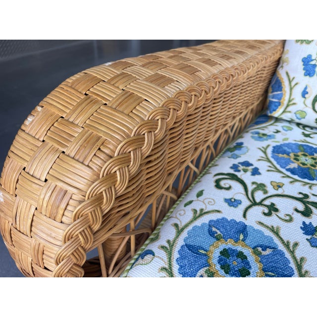 Vintage Henry Link for Lexington Woven Rattan and Wicker Lounge Armchairs With Floral Upholstery | Pair For Sale - Image 10 of 14