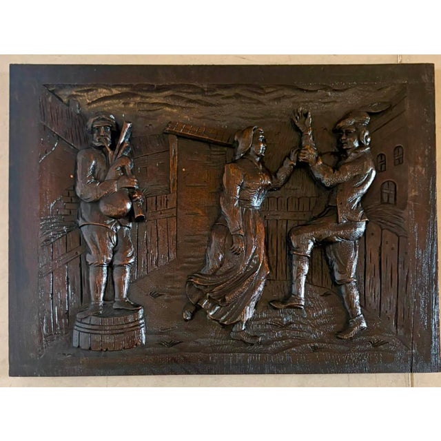 Antique Victorian Flemish Tavern Scene Wall Panels in Carved Oak, 1880, Set of 5 For Sale - Image 3 of 9