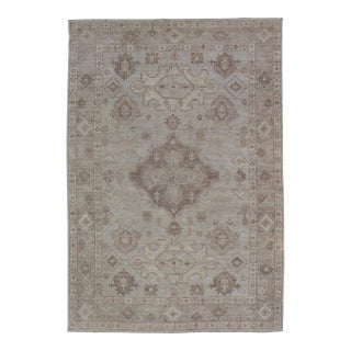 Modern Oushak Rug With Lt Blue Field and Warm Brown Medallion Design 4'11 X 7'8 For Sale