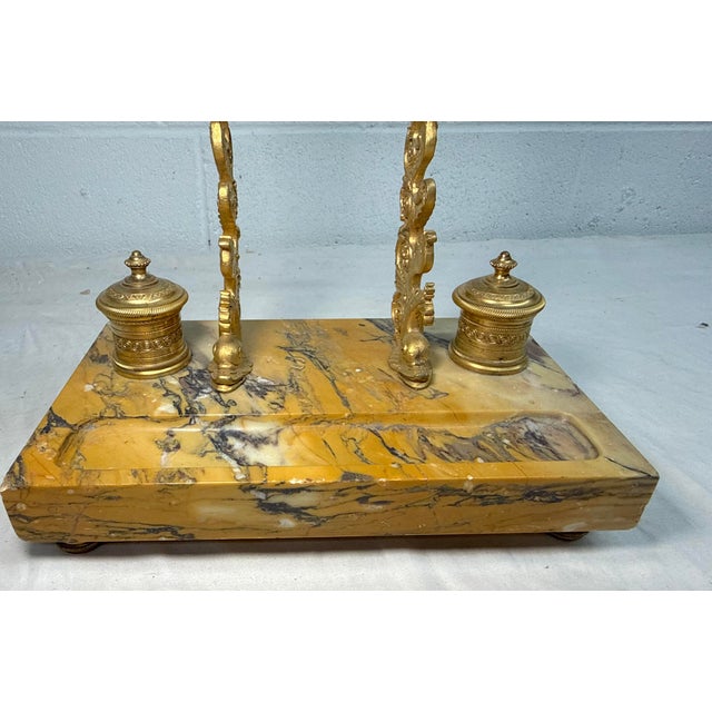Antique French Siena Marble Bronze Dual Dolphin Empire Statue Desk Inkwell Stand For Sale - Image 11 of 14