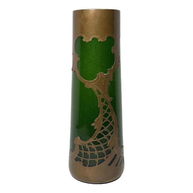 Loetz Green Aventurine Art Glass Vase: Copper Overlay, c. 1900 For Sale