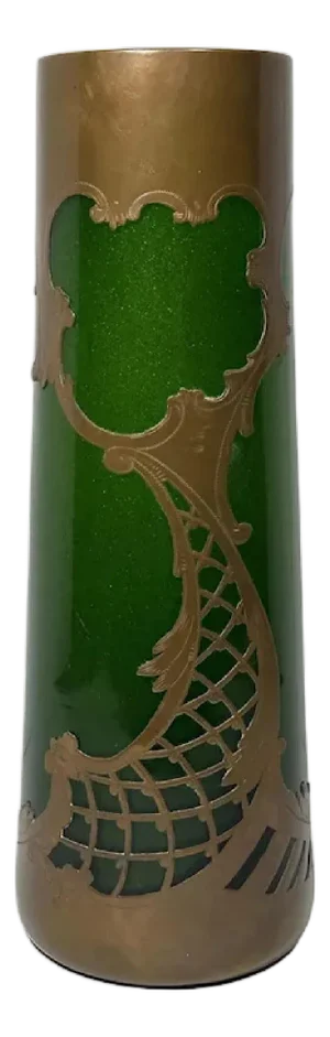 Loetz Green Aventurine Art Glass Vase: Copper Overlay, c. 1900