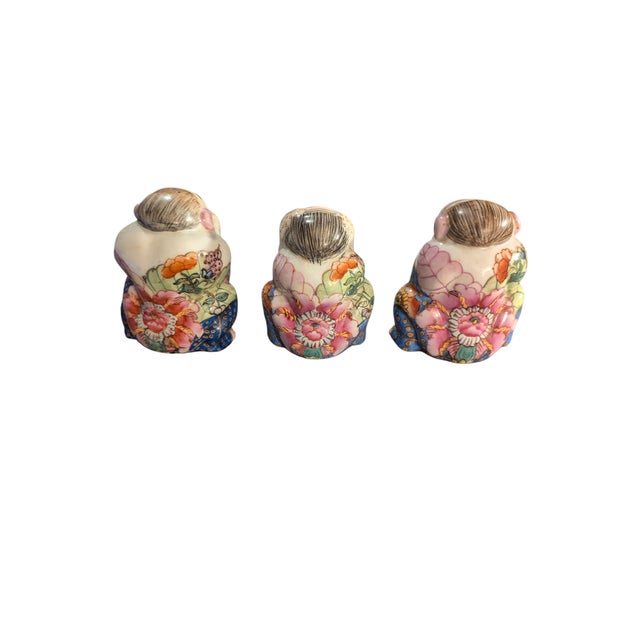 19th/20th Century Chinese Tobacco Leaf Porcelain Monkeys; Three: Speak, Hear, or See No Evil; multicolored and featured in...
