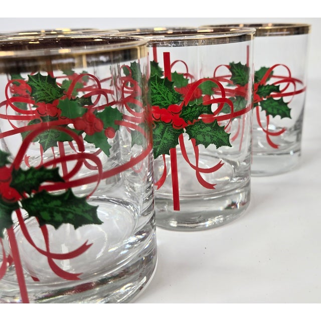 Mid 20th Century Holly and Ribbons Double Old Fashioned Glasses- Set of Six For Sale - Image 14 of 17
