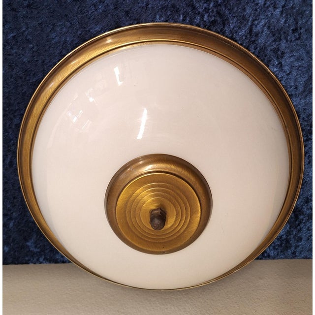 Flat Vintage Ceiling Lamp with White Glass Shade in Patinated Brass Mount, 1990s For Sale - Image 6 of 7
