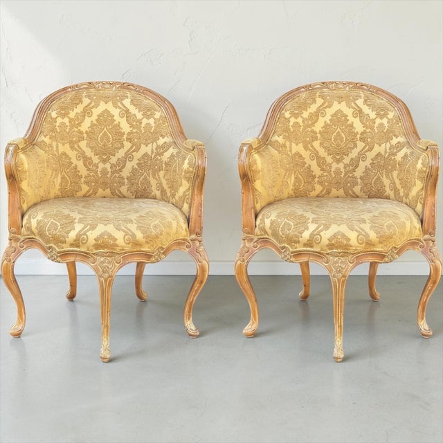 Italian Carved & Cerused Pine French Louis XV Style Barrel Tub Chairs - Pair For Sale - Image 13 of 16