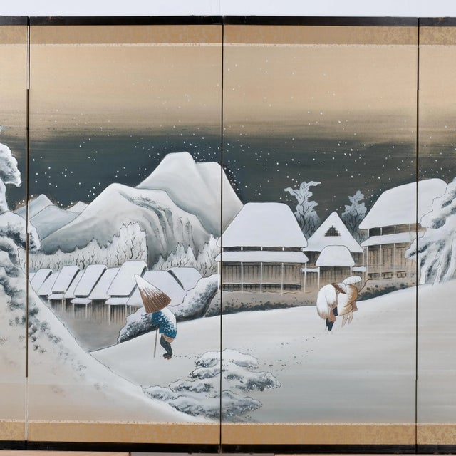 1970s 1970s Japanese Byobu "Snowy Mountain Home Winter" 4-Panel Folding Screen White & Gold For Sale - Image 5 of 11