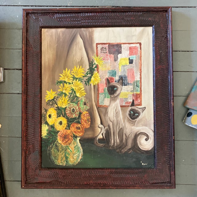 1960s 1960’s Original Interior Still Life Painting With Siamese Cats Hand Made Frame For Sale - Image 5 of 5