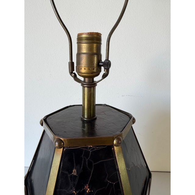 Metal Vintage Hollywood Regency Brass & Black Leather Geometric Table Lamp For Sale - Image 7 of 13