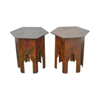 Antique Pair of Flemish Arts & Crafts Pyrographic Carved Taboret Side Tables For Sale