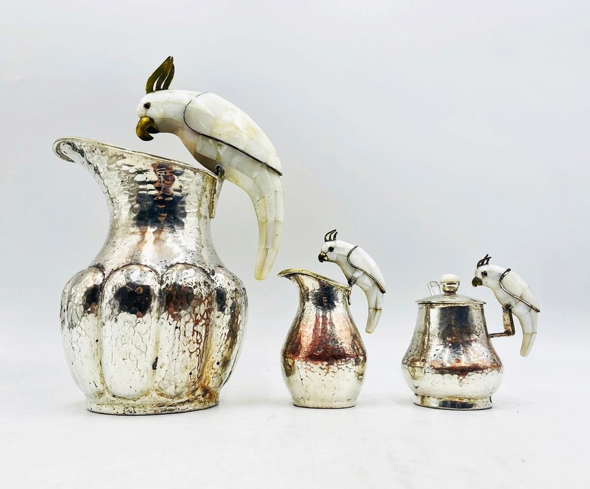 1960s Los Castillo Taxco Parrot Pitcher Tea Set Silver Plate