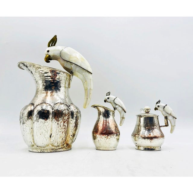 Mexican 1960s Los Castillo Taxco Parrot Pitcher Tea Set Silver Plate Hardstone - 4pcs For Sale - Image 3 of 18