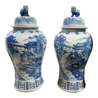 Mansion Size Chinoiserie Blue and White Porcelain Ginger Jars 47" For Sale