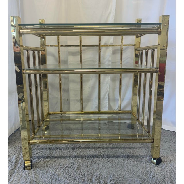 Mid-Century Modern 1980s Milo Baughman Style Brass & Glass Bar Cart For Sale - Image 3 of 9