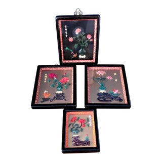 1950s Chinese Style Hardstone Floral Panels With Jade-Tone Carving, Set of 4 For Sale