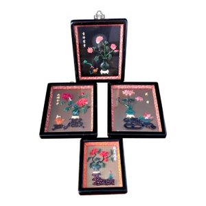 1950s Chinese Style Hardstone Floral Panels With Jade-Tone Carving, Set of 4