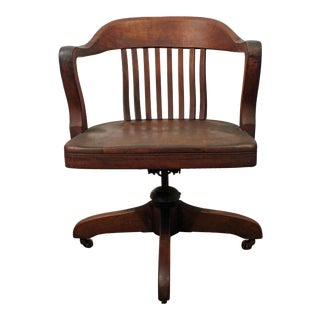 Antique Oak Swivel Office Arm Chair on Wheels For Sale
