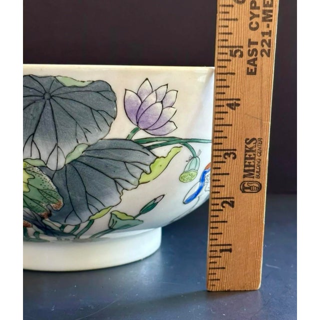 Vintage Chinese Bowl W/ Hand Painted Lotus Flowers & Cranes For Sale In New York - Image 6 of 12