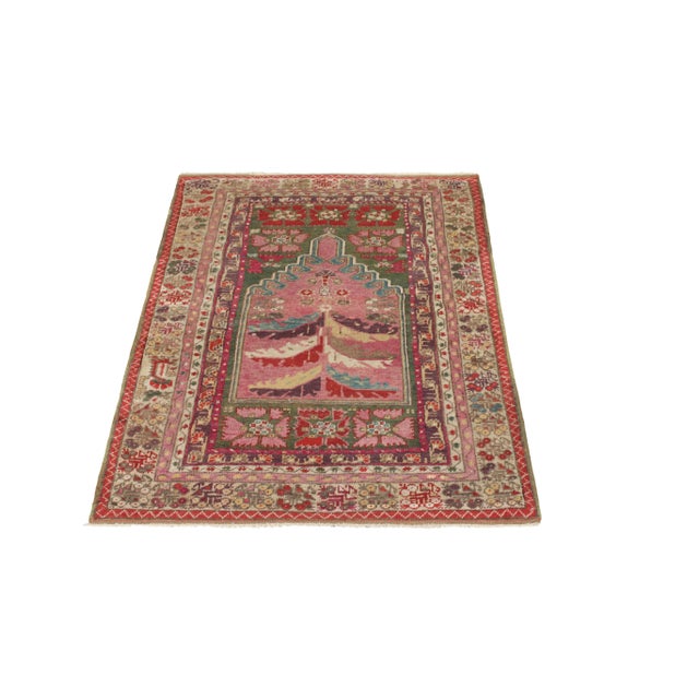 Traditional Hand-Knotted Antique Anatolian Rug in Pink and Green All Over Geometric Pattern For Sale - Image 3 of 6