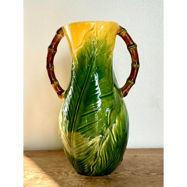 Mid-Century Modern Vintage Boho Glazed Ceramic Banana Leaf Vase For Sale - Image 3 of 11