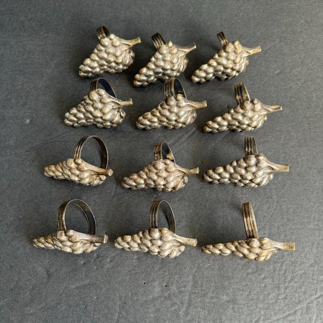 French Grape Cluster Napkin Rings Antiqued Silver Tone Holiday Entertaining Set of 12 For Sale - Image 3 of 8