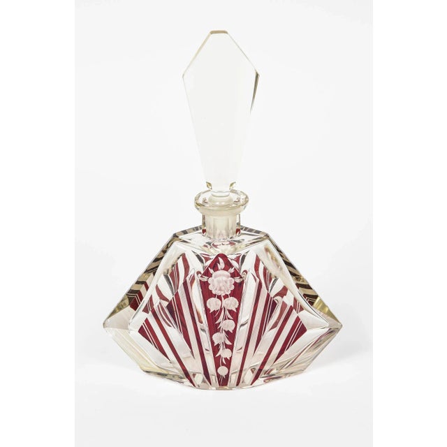 Early 20th Century Art Deco Czech Bohemian Floral Geometric Red & Clear Cut Glass Perfume Bottle For Sale - Image 4 of 11