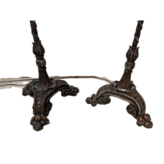 Pair of Antique Ealy 1900's Art Nouveau Cast Metal Torchiere Floor Lamps With Capiz Shell Tulip Shades For Sale - Image 9 of 11