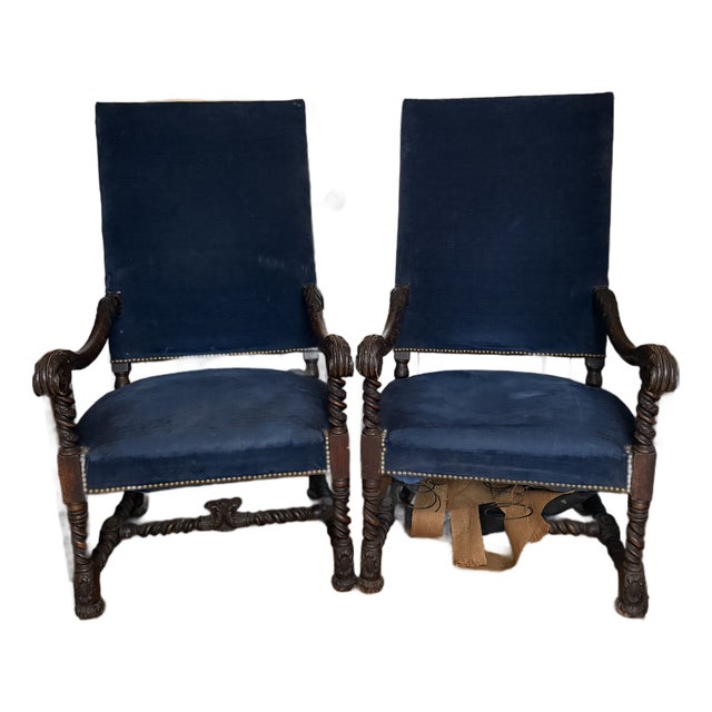 Mid 20th Century Pair of Jacobean Revival Carved Wood Barley Twist Velvet Armchairs For Sale