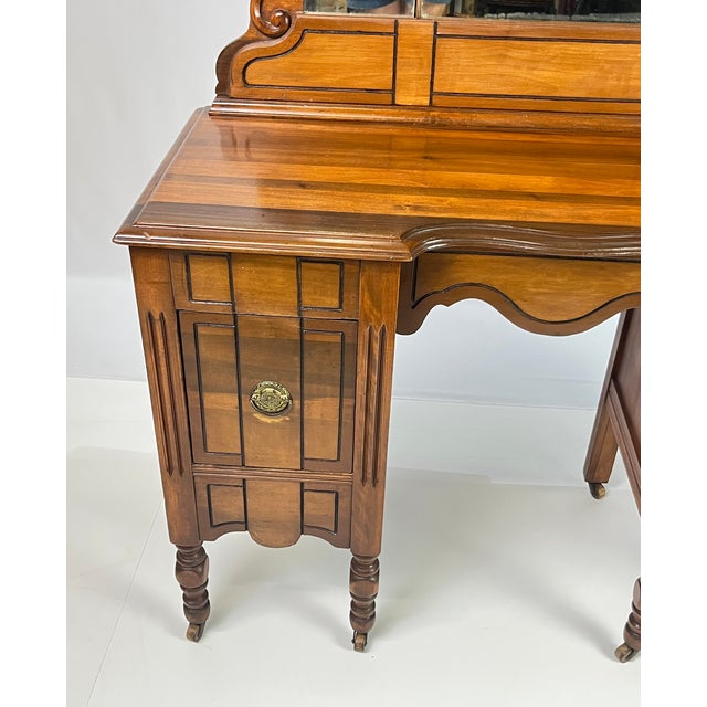 Wood Antique Art Deco Vanity With Arched Triple Mirror For Sale - Image 7 of 13